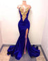 Sexy 2019 Royal Blue Mermaid Prom Dresses with Gold Lace Evening Dresses Party Gowns with Slit